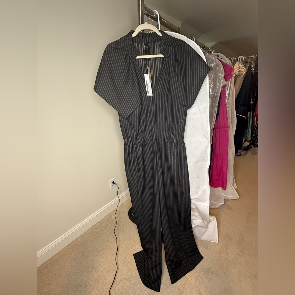 Zero + Maria Cornejo Ruched Stella Jumpsuit - Duo Pinstripe Black